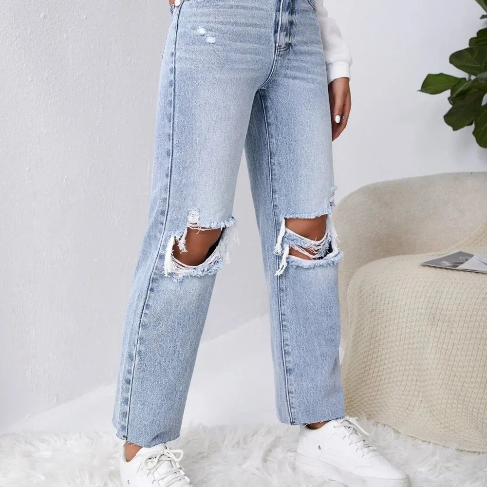 Blue Casual Womens Ripped Raw Cut Straight Leg Jeans - Picture 4 of 5